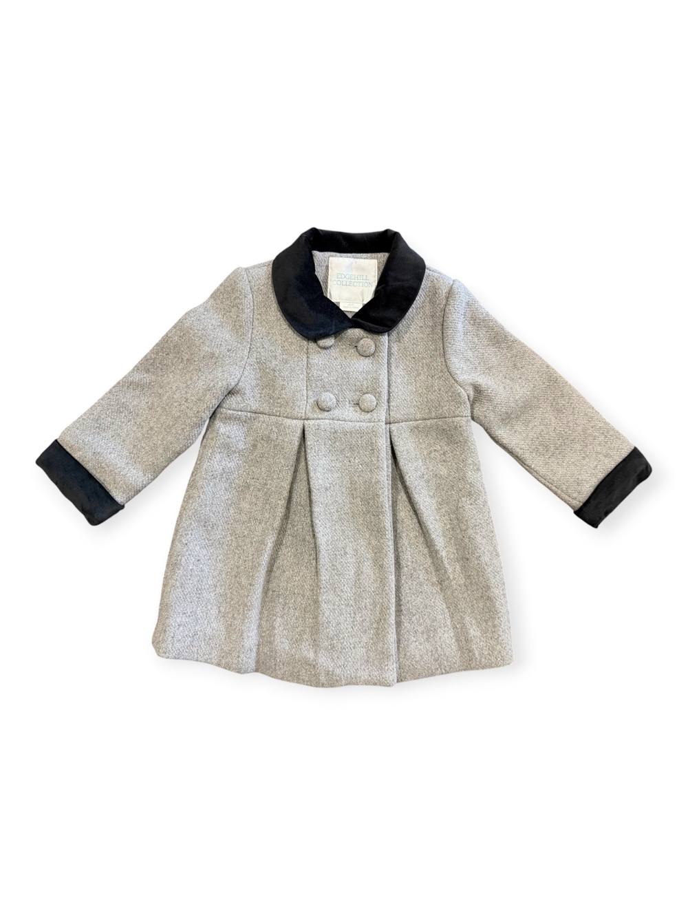 Edgehill Collection Toddler Gray Wool Blend Coat Black Velvet Collar + Cuffs 18M